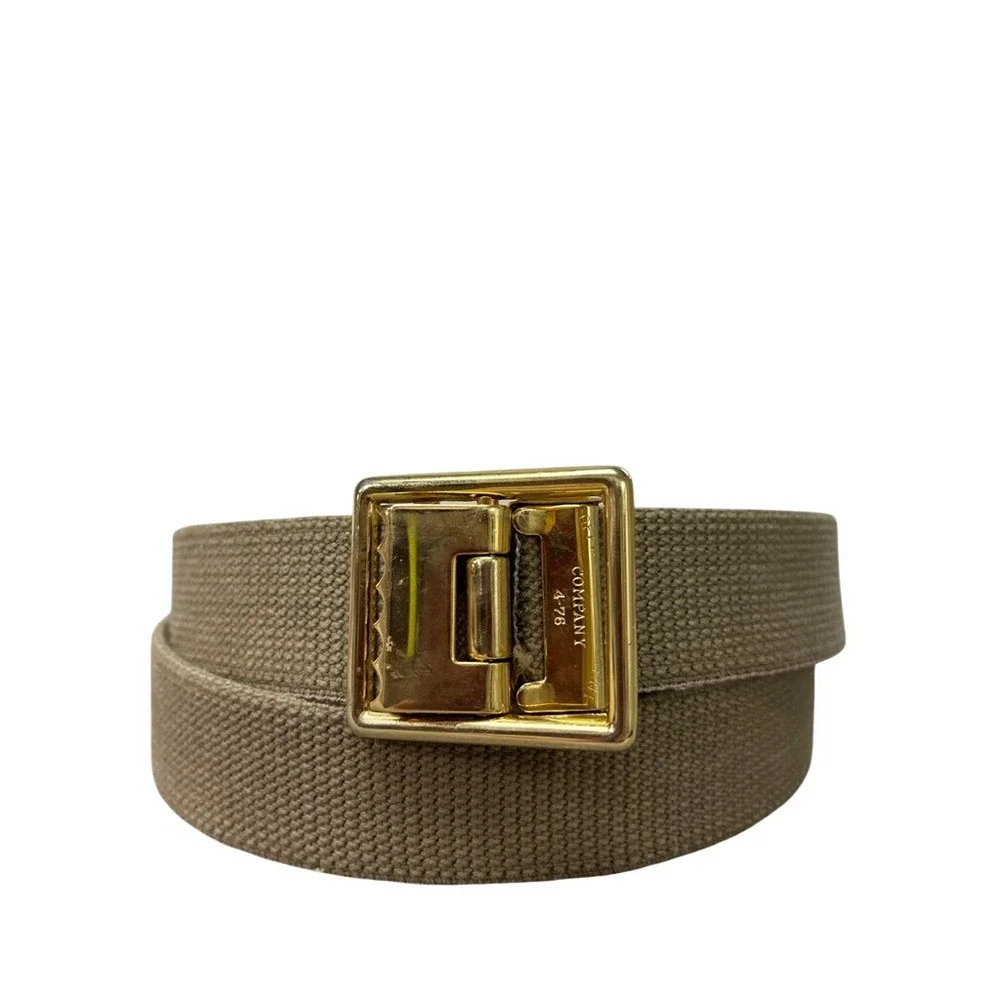 Vintage Tan Canvas Web Belt Gold Tone Slider Buckle Military Style 45 Inch
